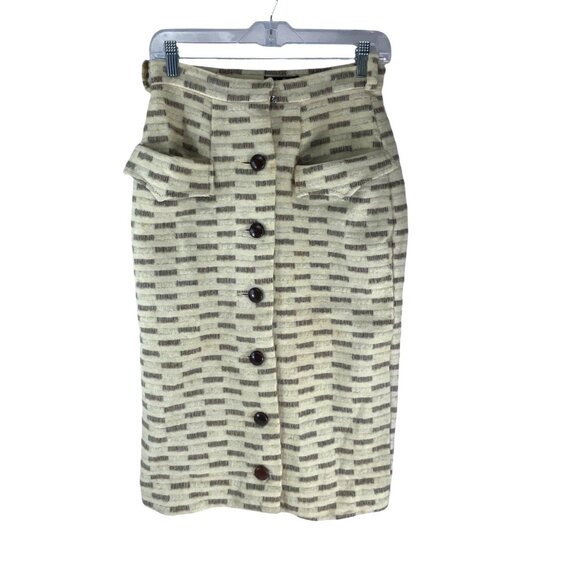Earle Picard  1970s Wool Beige Brown High-Waisted Midi Skirt Button Front Office - Picture 1 of 10